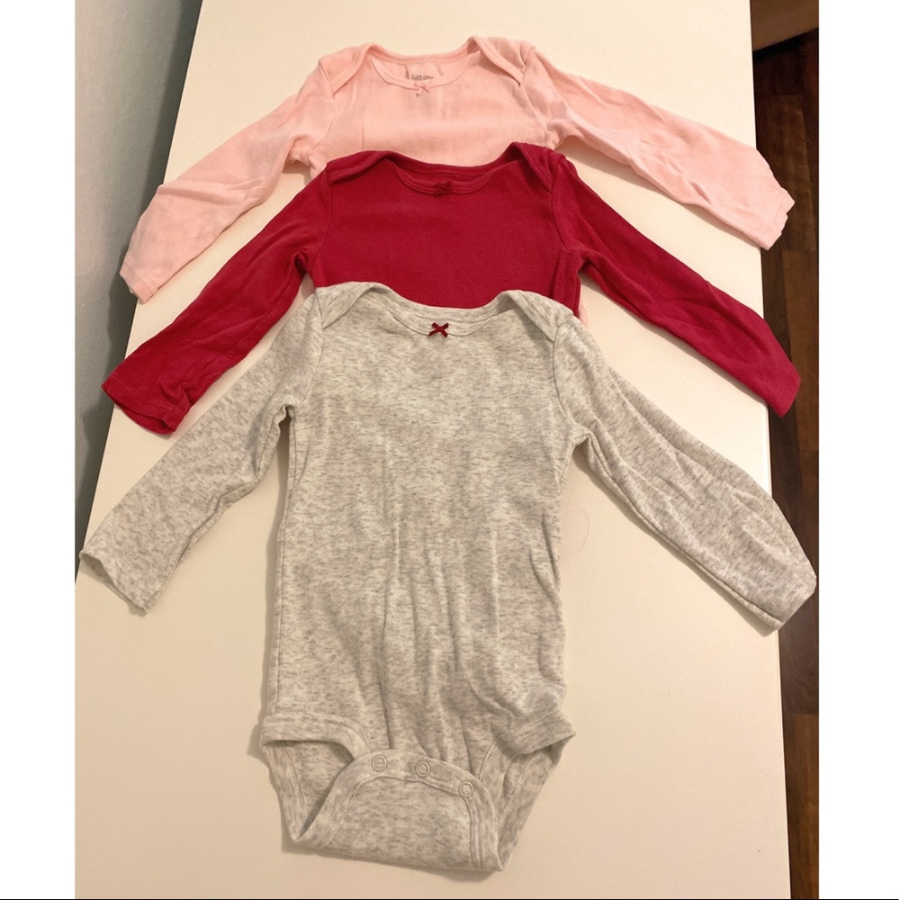 Set of 3 long sleeve onesies, 12M, red pink gray